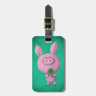 Étiquette À Bagage Porc chanceux avec le trèfle chanceux de quatre
