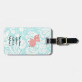 Étiquette À Bagage Porc rose mignon ; Damassé turquoise (Devant horizontal)
