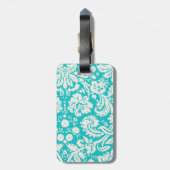 Étiquette À Bagage Porc rose mignon ; Damassé turquoise (Dos Vertical)