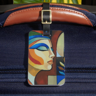 Étiquette À Bagage Portrait de femme cubiste abstrait coloré Acryliqu