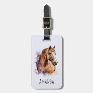 Étiquette À Bagage Portrait de tête de cheval brun à l'aquarelle