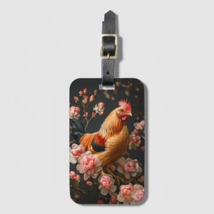 Étiquette À Bagage Poulet entouré de fleurs roses