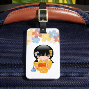 Étiquette À Bagage Poupée d'été Kokeshi - Kimono Jaune Geisha Girl