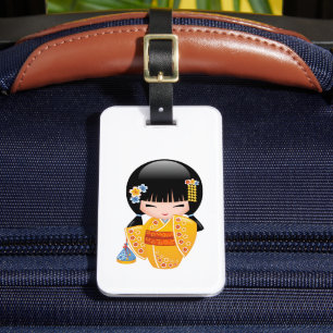 Étiquette À Bagage Poupée d'été Kokeshi - Kimono Jaune Geisha Girl