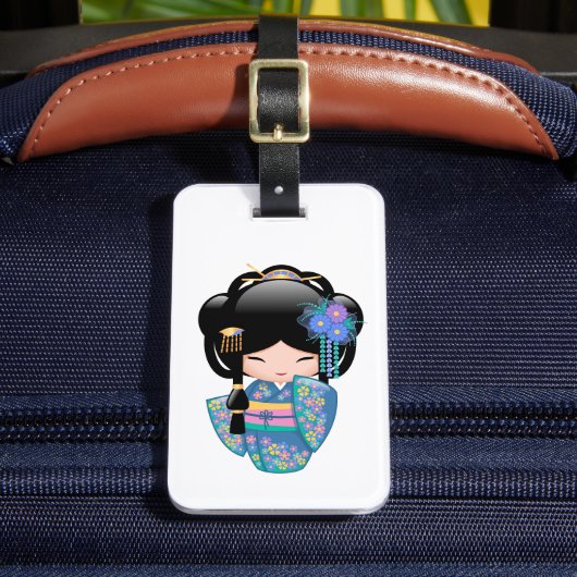 Étiquette À Bagage Poupée Keiko Kokeshi - Blue Kimono Geisha Girl (Insitu Rectoal 2)
