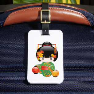 Étiquette À Bagage Poupée Kokeshi d'automne - Fille Geisha en Kimono