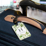 Étiquette À Bagage prairie sauvage | Monogramme végétal vert<br><div class="desc">Élégante étiquette de bagage botanique aquarelle avec votre monogramme initial unique et nom en lettrage noir classique,  encadré par des feuilles et des feuillages verts luxuriants. Personnalisez l'envers avec vos coordonnées en lettres blanches sur un arrière - plan à charbon profond coordinateur.</div>