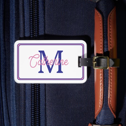 Étiquette À Bagage Preppy Pink and Navy Blue Simple Monogram (Insitu Rectoal 4)
