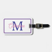 Étiquette À Bagage Preppy Pink and Navy Blue Simple Monogram (Devant horizontal)