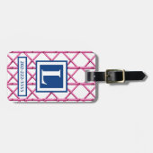 Étiquette À Bagage Preppy Rose Navy Trellis Bambou Motif Monogramme (Devant horizontal)