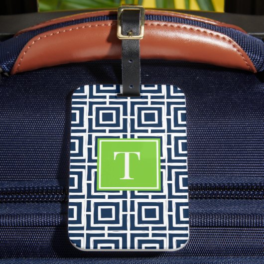 Étiquette À Bagage Preppy Square Lattice Monogram – Navy & Lime (Insitu Rectoal 2)