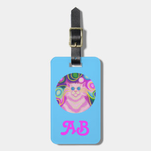 Étiquette À Bagage Psy-cat-delic Pink Round 'initials' bagage bleu