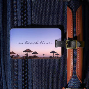 Étiquette À Bagage Purple Sunset Coastère Photo Sur Plage Script Heur
