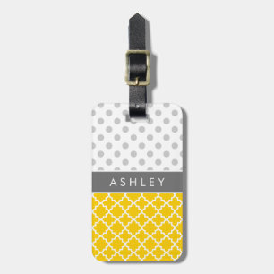 Étiquette À Bagage Quatrefoil jaune et motif de point gris de polka