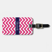Étiquette À Bagage Raspberry Lg Chevron Marine Nom bleu Monogramme (Devant horizontal)