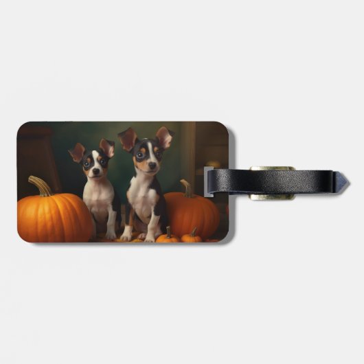 Étiquette À Bagage Rat Terrier Chiot Automne Citrouille délice (Dos horizontal)