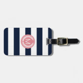 Étiquette À Bagage Rayure de bleu marine avec le monogramme rose de (Devant horizontal)