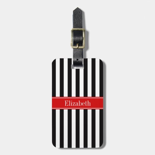 Étiquette À Bagage Rayure Noir Blanc Ruban Rouge Nom Monogramme (Devant Vertical)