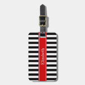 Étiquette À Bagage Rayure Noir Blanc Ruban Rouge Nom Monogramme (Devant Vertical)