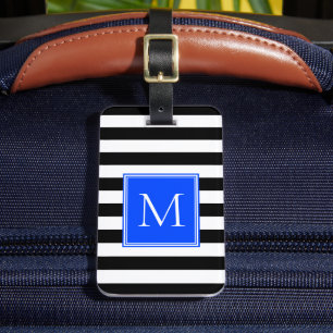 Étiquette À Bagage Rayure noir et blanc avec monogramme cobalt