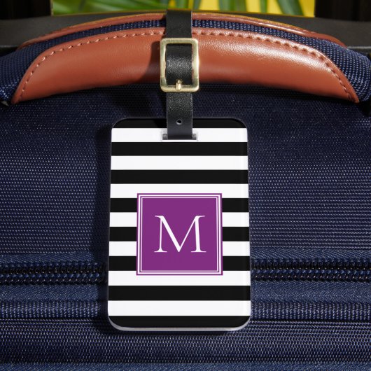 Étiquette À Bagage Rayure noire et blanche avec monogramme prune (Insitu Rectoal 2)