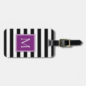 Étiquette À Bagage Rayure noire et blanche avec monogramme prune (Devant horizontal)