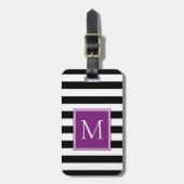 Étiquette À Bagage Rayure noire et blanche avec monogramme prune (Devant Vertical)