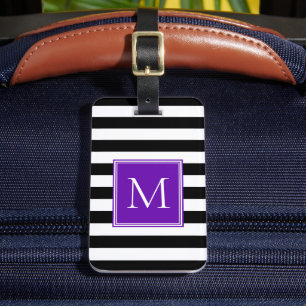 Étiquette À Bagage Rayure noire et blanche avec monogramme violet