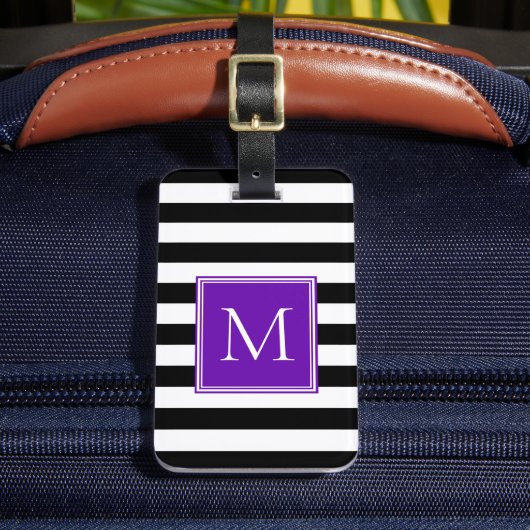 Étiquette À Bagage Rayure noire et blanche avec monogramme violet (Insitu Rectoal 2)