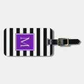 Étiquette À Bagage Rayure noire et blanche avec monogramme violet (Devant horizontal)