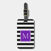 Étiquette À Bagage Rayure noire et blanche avec monogramme violet (Devant Vertical)