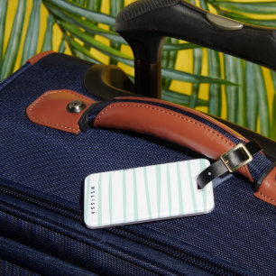 Étiquette À Bagage Rayures Artistiques Monogramme Blanc Et Turquoise
