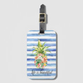 Étiquette À Bagage Rayures Blanches Bleues Floral Tropical Pineapple (Devant Vertical)