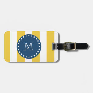 Étiquette À Bagage Rayures blanches jaunes motif, monogramme de bleu