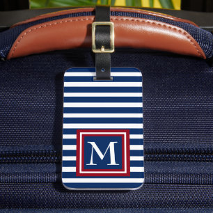 Étiquette À Bagage Rayures bleues et blanches avec le monogramme