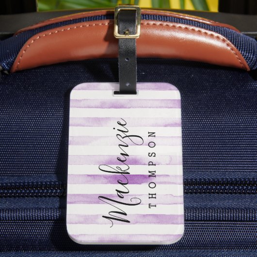 Étiquette À Bagage Rayures d'aquarelle violette Monogramme (Insitu Rectoal 2)