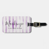 Étiquette À Bagage Rayures d'aquarelle violette Monogramme (Devant horizontal)