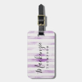 Étiquette À Bagage Rayures d'aquarelle violette Monogramme (Devant Vertical)