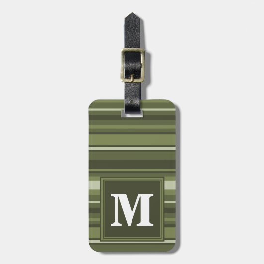 Étiquette À Bagage Rayures de vert olive de monogramme (Devant Vertical)