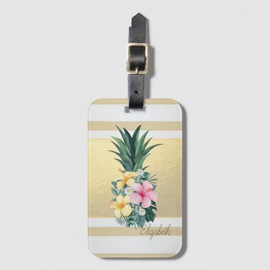 Étiquette À Bagage Rayures dorées modernes, Ananas, Fleurs (Devant Vertical)