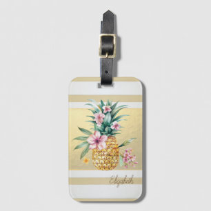 Étiquette À Bagage Rayures dorées modernes,Ananas floral
