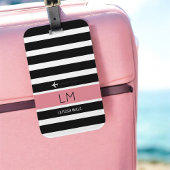 Étiquette À Bagage rayures modernes noir blanc & rose avec nom voyage