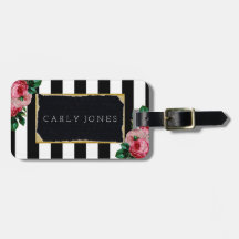 Rayures noires et étiquette florale de bagage