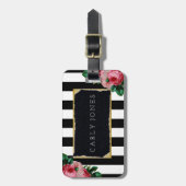 Étiquette À Bagage Rayures noires et étiquette florale de bagage (Devant Vertical)