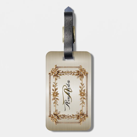 Étiquette À Bagage Rectangle doré Fleurs Dimonées brillantes (Dos Vertical)