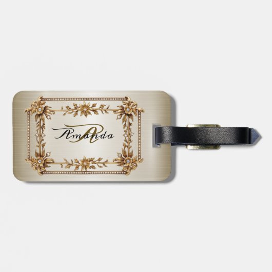 Étiquette À Bagage Rectangle doré Fleurs Dimonées brillantes (Dos horizontal)