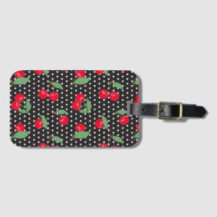 Étiquette À Bagage Red Cherry Fruit Green Leaves Black White Dots