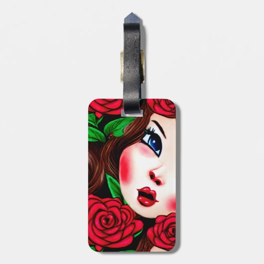 Étiquette À Bagage Red Lips et Red Roses Motif (Dos Vertical)
