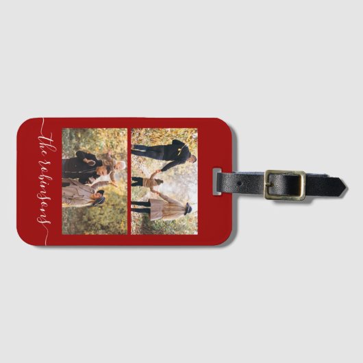 Étiquette À Bagage Red Modern Script 2 Photo Collage (Devant Horizontal)