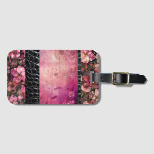 Étiquette À Bagage Reptile gras, rose floral noir